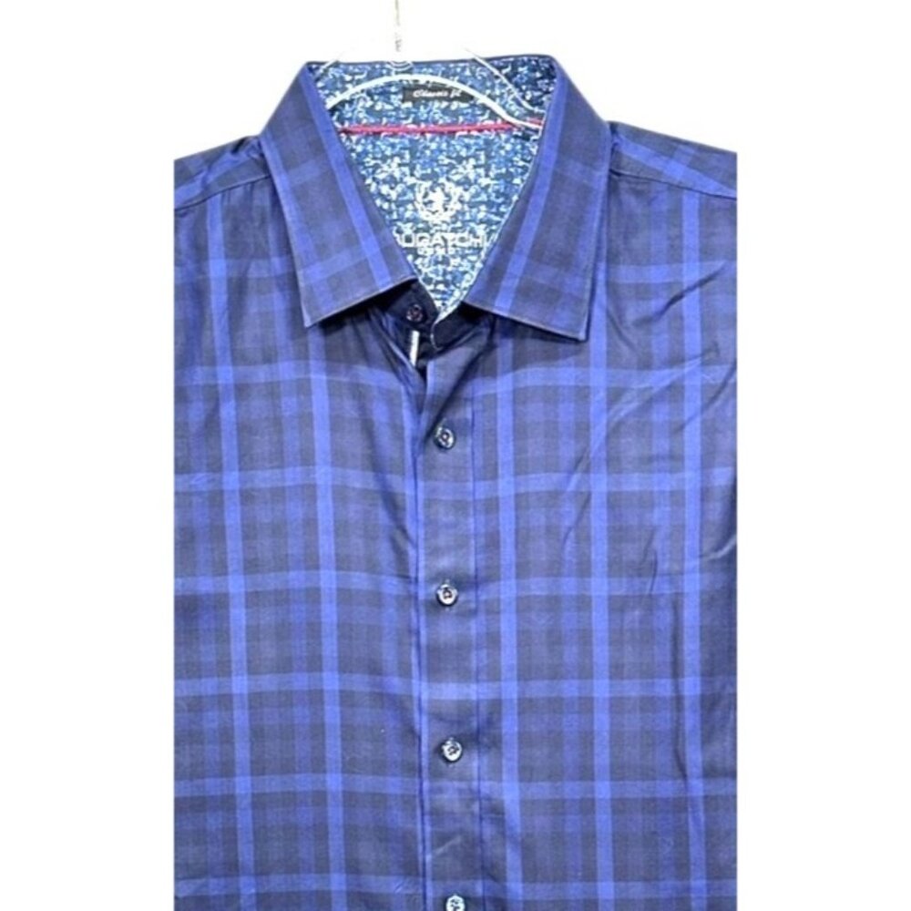 Bugatchi Uomo Mens XL Button-Up Long Sleeve Shirt Blue Plaid Classic Fit Collar